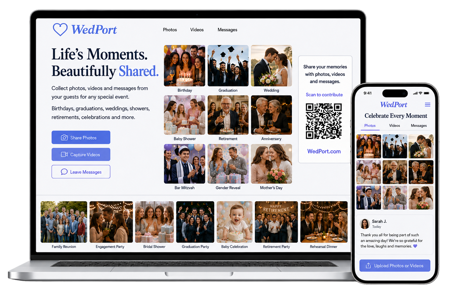 Wedding guests scanning a QR code to share photos and videos on WedPort
