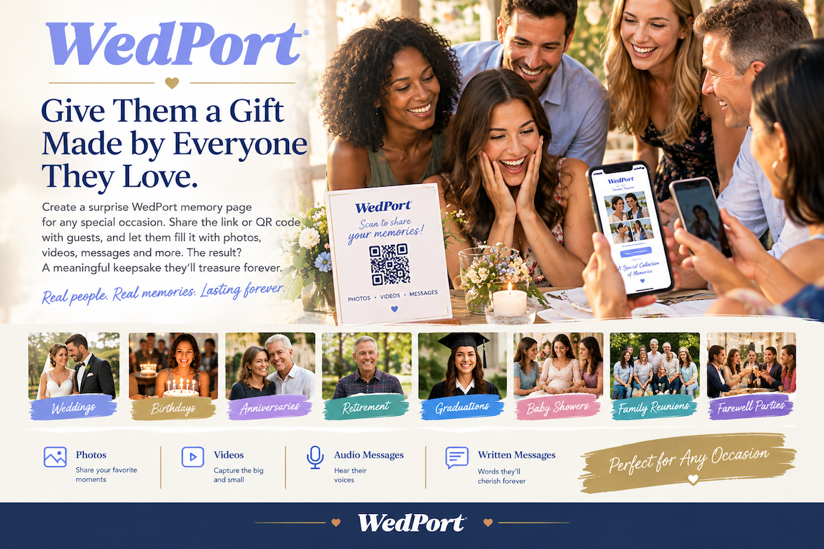 Unique gift idea for weddings, birthdays and events — guests add photos and messages to a surprise memory hub by scanning a QR code