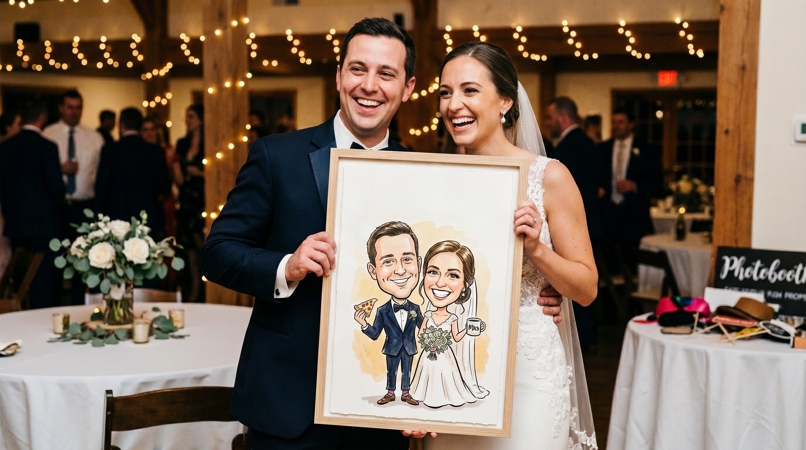 Wedding guests using WedPort's AI Caricature Photo Booth on their phones at a wedding reception